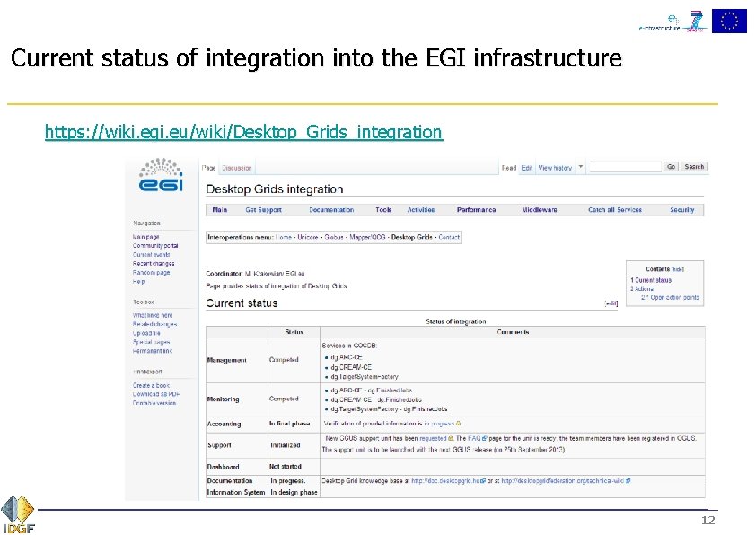 Current status of integration into the EGI infrastructure https: //wiki. egi. eu/wiki/Desktop_Grids_integration 12 