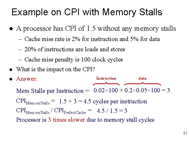 Example on CPI with Memory Stalls l A processor has CPI of 1. 5