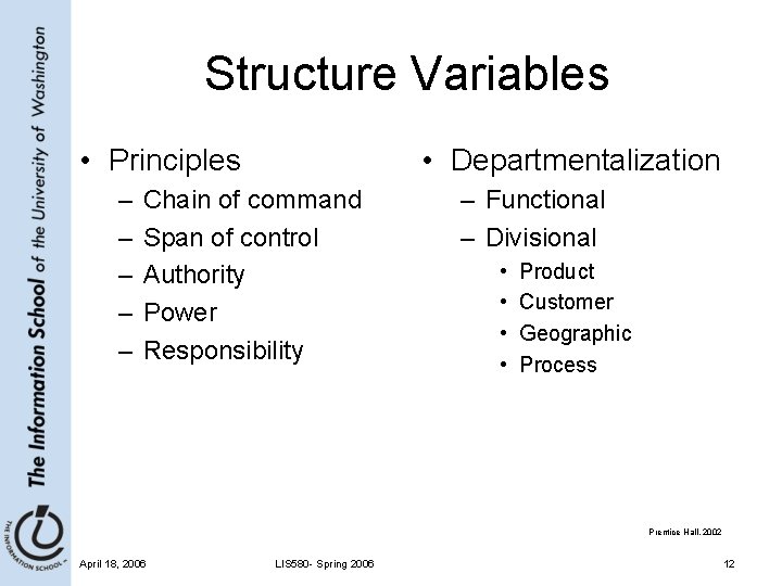 Structure Variables • Principles – – – • Departmentalization Chain of command Span of