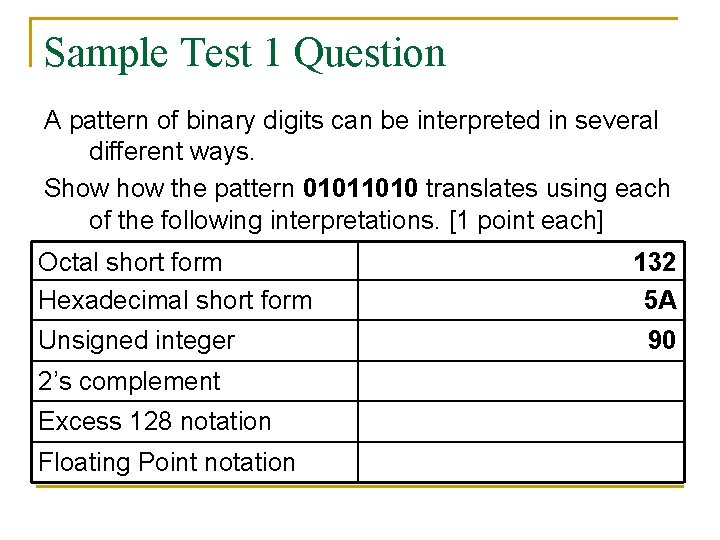 Sample Test 1 Question A pattern of binary digits can be interpreted in several