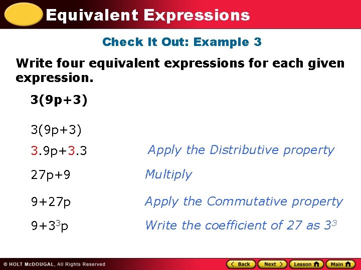 Equivalent Expressions Check It Out: Example 3 Write four equivalent expressions for each given
