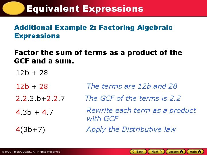 Equivalent Expressions Additional Example 2: Factoring Algebraic Expressions Factor the sum of terms as