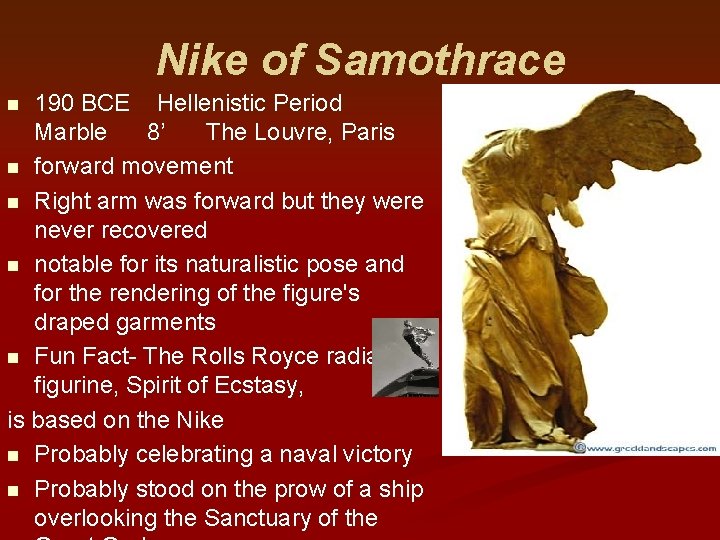 Nike of Samothrace 190 BCE Hellenistic Period Marble 8’ The Louvre, Paris n forward