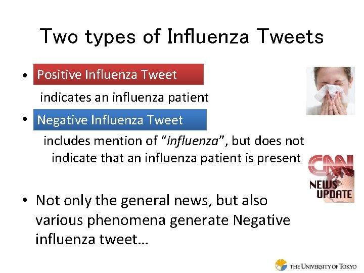 Two types of Influenza Tweets Positive Influenza Tweet • Negative influenza tweet indicates an