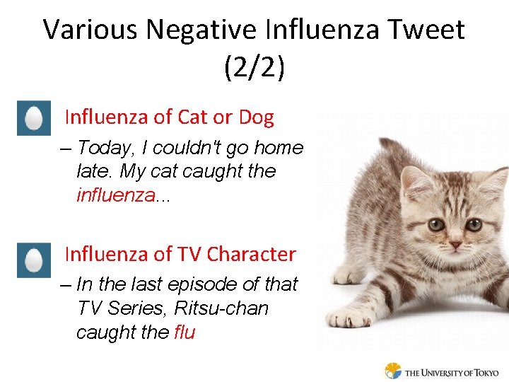 Various Negative Influenza Tweet (2/2) • Influenza of Cat or Dog – Today, I