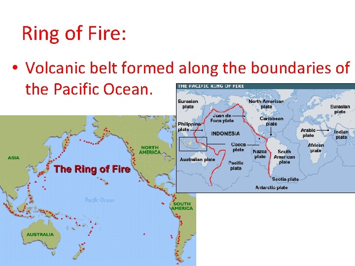 Ring of Fire: • Volcanic belt formed along the boundaries of the Pacific Ocean.