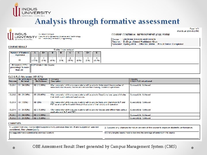 Analysis through formative assessment OBE Assessment Result Sheet generated by Campus Management System (CMS) Analysis through formative assessment OBE Assessment Result Sheet generated by Campus Management System (CMS)