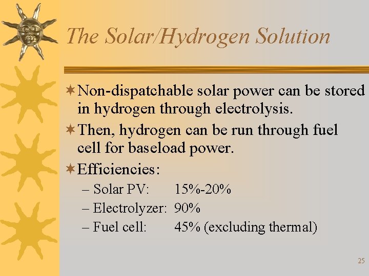 The Solar/Hydrogen Solution ¬Non-dispatchable solar power can be stored in hydrogen through electrolysis. ¬Then,