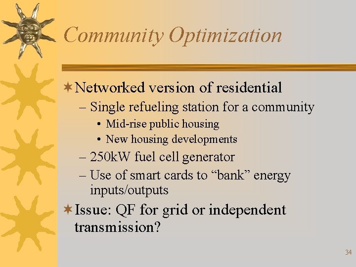 Community Optimization ¬Networked version of residential – Single refueling station for a community •