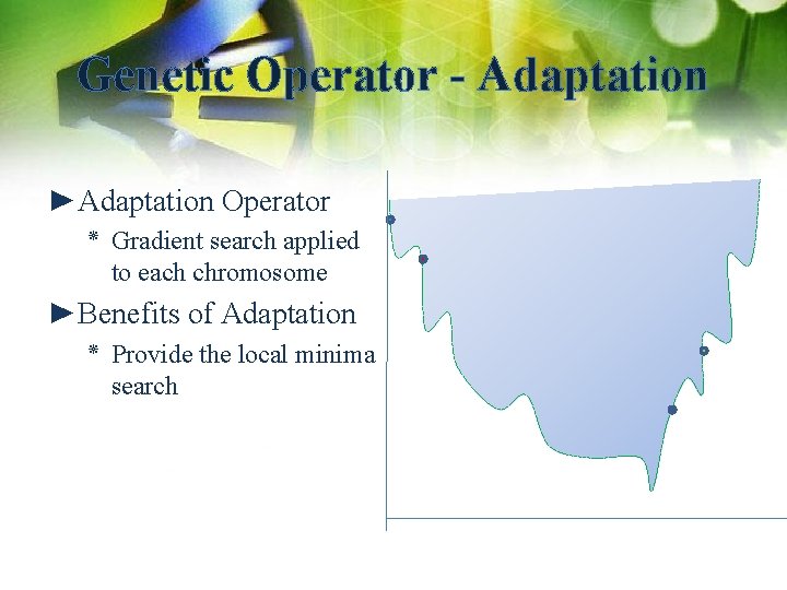 Genetic Operator - Adaptation ►Adaptation Operator ٭ Gradient search applied to each chromosome ►Benefits