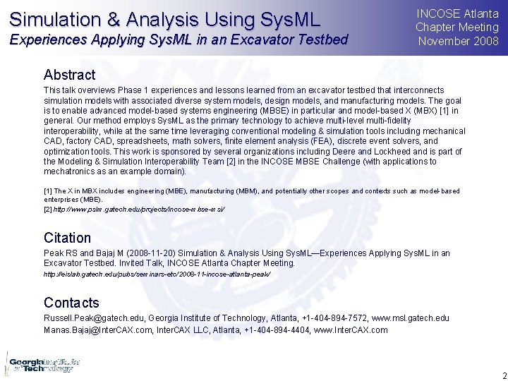 Simulation & Analysis Using Sys. ML Experiences Applying Sys. ML in an Excavator Testbed