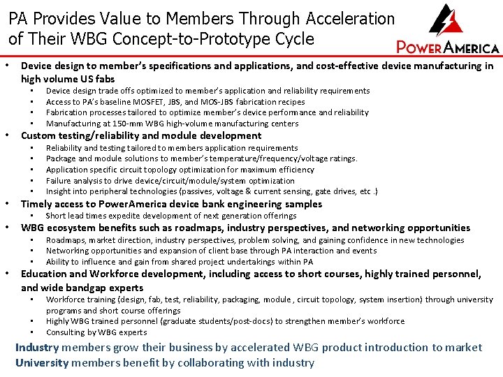 PA Provides Value to Members Through Acceleration of Their WBG Concept-to-Prototype Cycle • Device PA Provides Value to Members Through Acceleration of Their WBG Concept-to-Prototype Cycle • Device
