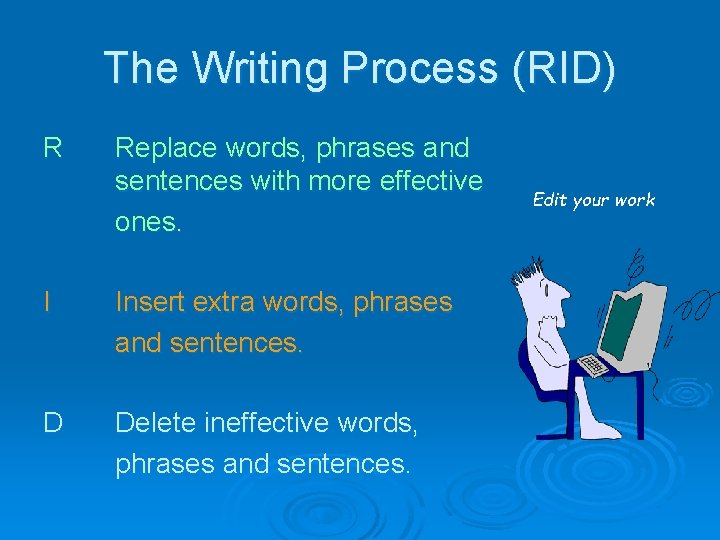 The Writing Process (RID) R Replace words, phrases and sentences with more effective ones.