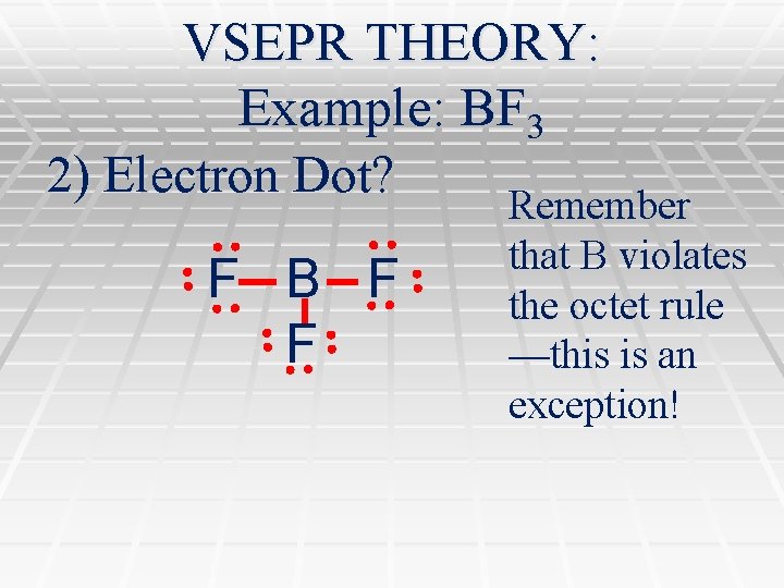 VSEPR THEORY: Example: BF 3 2) Electron Dot? Remember F B F F that