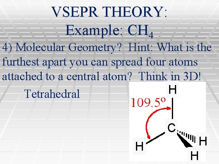 VSEPR THEORY: Example: CH 4 4) Molecular Geometry? Hint: What is the furthest apart