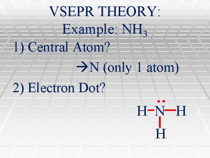 VSEPR THEORY: Example: NH 3 1) Central Atom? N (only 1 atom) 2) Electron