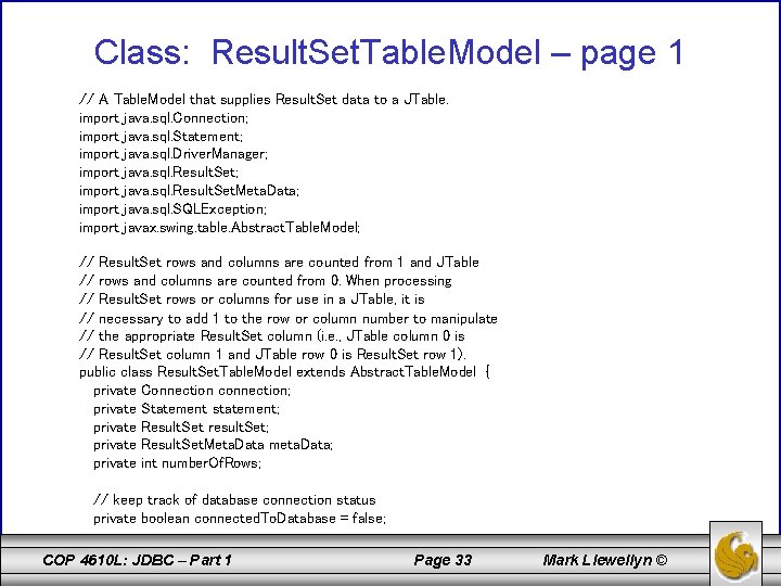 Class: Result. Set. Table. Model – page 1 // A Table. Model that supplies