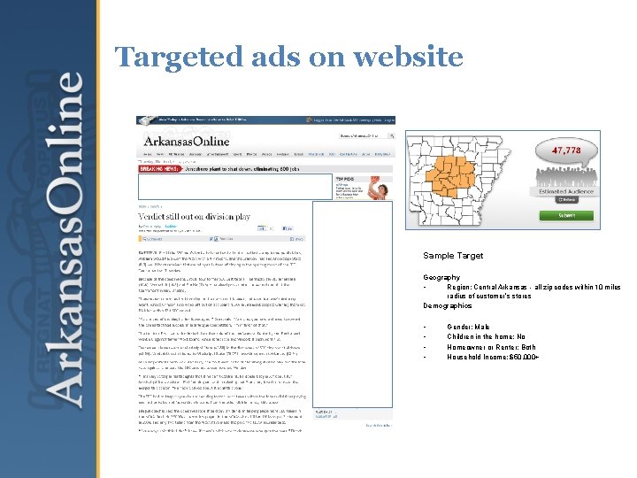 Targeted ads on website Sample Target Geography • Region: Central Arkansas - all zip