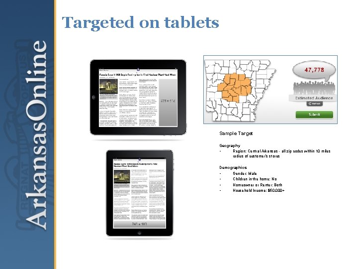 Targeted on tablets Sample Target Geography • Region: Central Arkansas - all zip codes