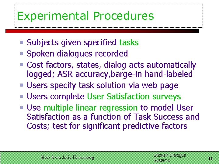 Experimental Procedures Subjects given specified tasks Spoken dialogues recorded Cost factors, states, dialog acts