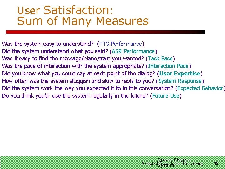 User Satisfaction: Sum of Many Measures Was the system easy to understand? (TTS Performance)