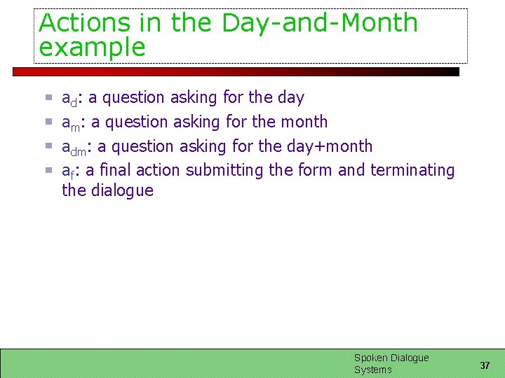 Actions in the Day-and-Month example ad: a question asking for the day am: a