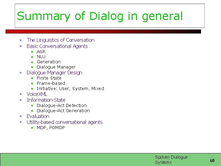 Summary of Dialog in general The Linguistics of Conversation Basic Conversational Agents ASR NLU