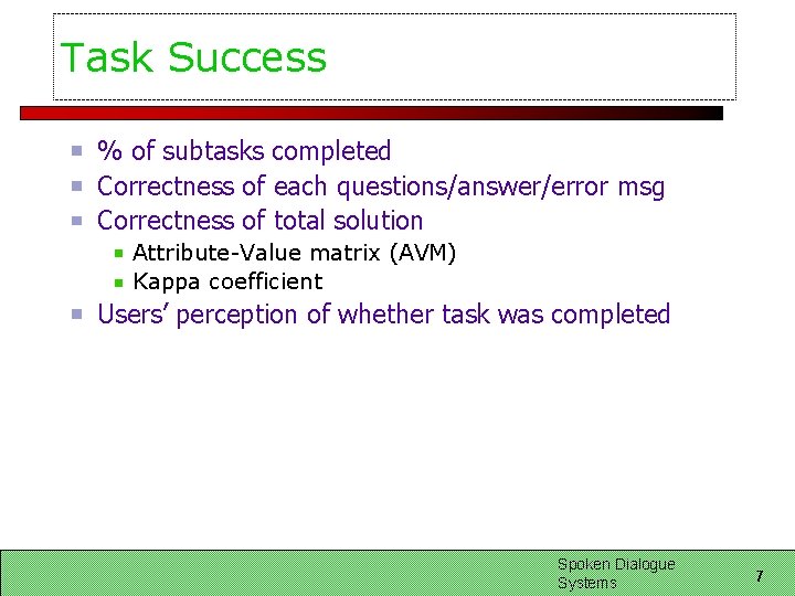 Task Success % of subtasks completed Correctness of each questions/answer/error msg Correctness of total