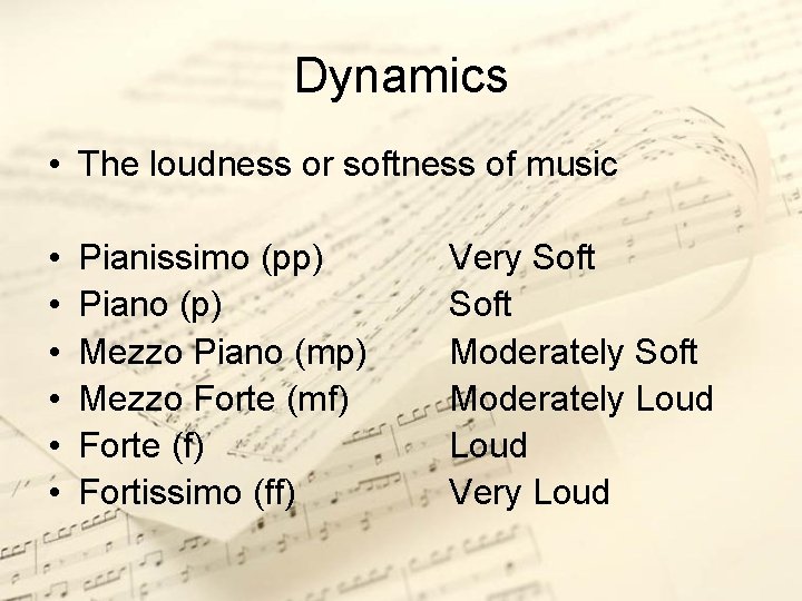 Dynamics • The loudness or softness of music • • • Pianissimo (pp) Piano