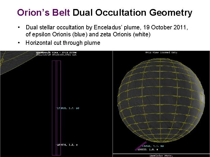 Orion’s Belt Dual Occultation Geometry • Dual stellar occultation by Enceladus’ plume, 19 October