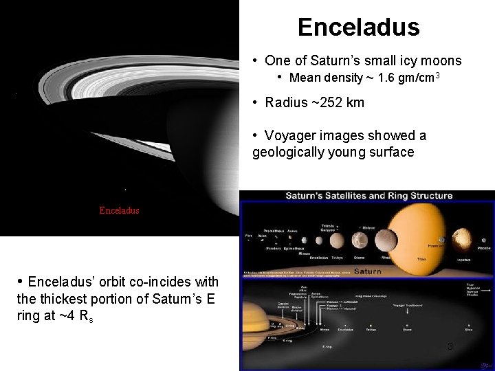 Enceladus • One of Saturn’s small icy moons • Mean density ~ 1. 6