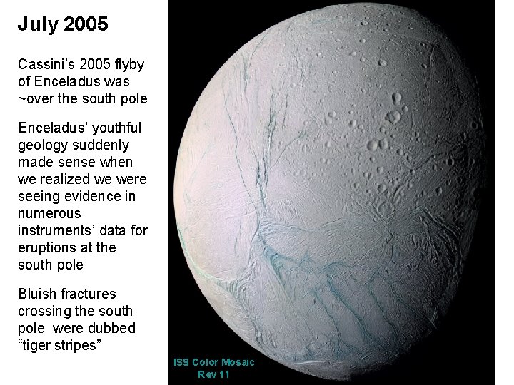 July 2005 Cassini’s 2005 flyby of Enceladus was ~over the south pole Enceladus’ youthful