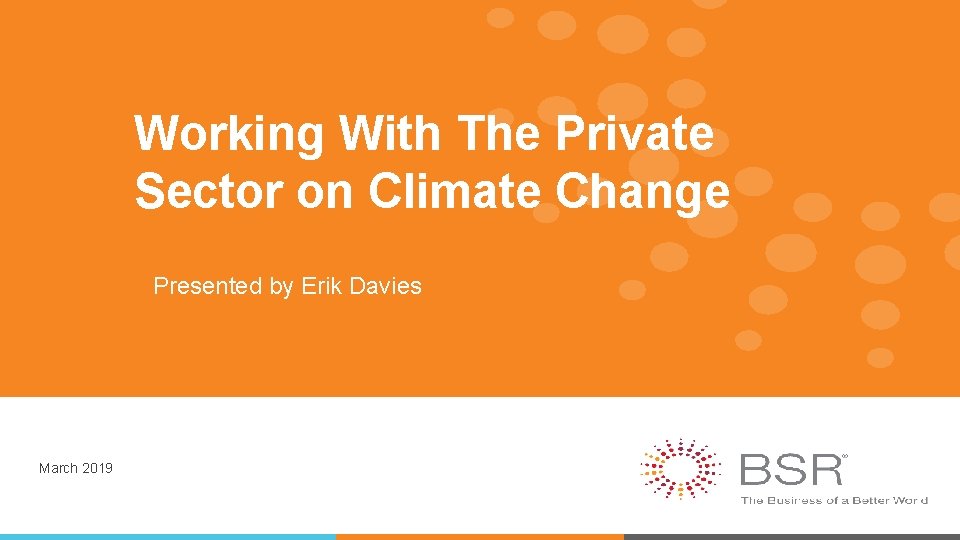 Working With The Private Sector on Climate Change Presented by Erik Davies March 2019