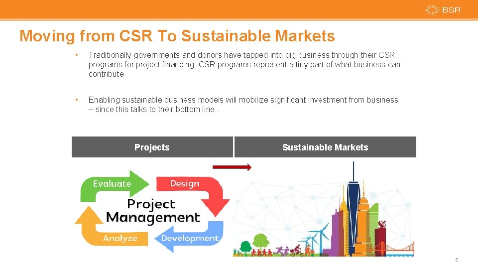 Moving from CSR To Sustainable Markets • Traditionally governments and donors have tapped into