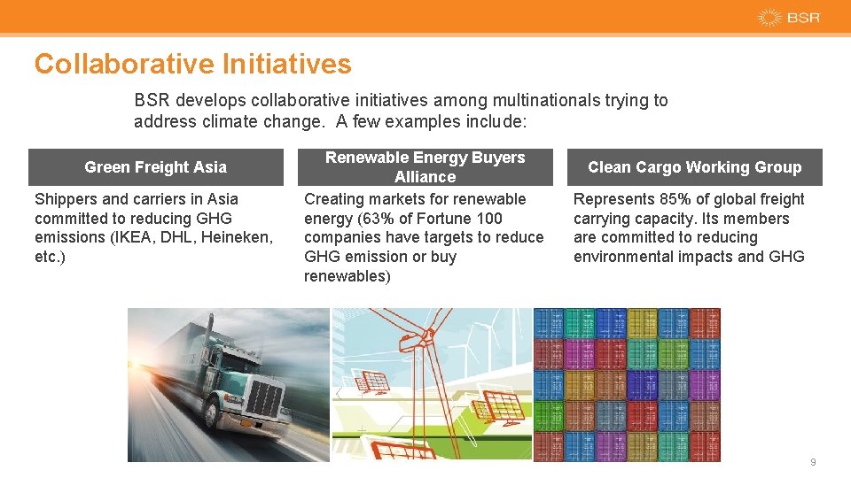 Collaborative Initiatives BSR develops collaborative initiatives among multinationals trying to address climate change. A