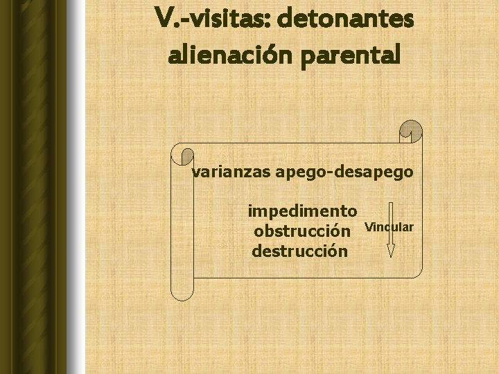 V. -visitas: detonantes alienación parental varianzas apego-desapego impedimento obstrucción destrucción Vincular 