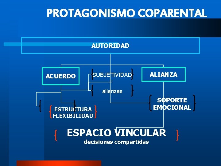 PROTAGONISMO COPARENTAL AUTORIDAD ACUERDO SUBJETIVIDAD ALIANZA alianzas ESTRUCTURA FLEXIBILIDAD SOPORTE EMOCIONAL ESPACIO VINCULAR decisiones