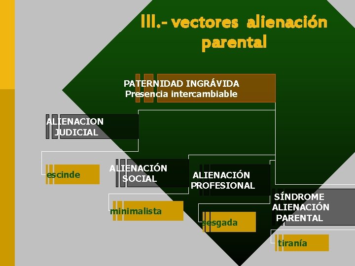 III. - vectores alienación parental PATERNIDAD INGRÁVIDA Presencia intercambiable ALIENACION JUDICIAL escinde ALIENACIÓN SOCIAL