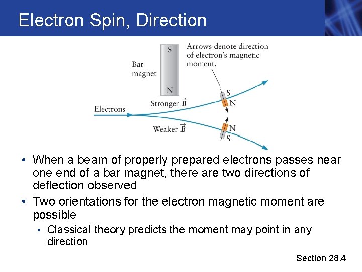 Electron Spin, Direction • When a beam of properly prepared electrons passes near one