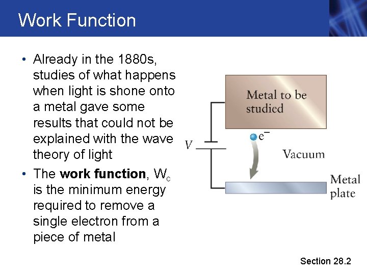 Work Function • Already in the 1880 s, studies of what happens when light