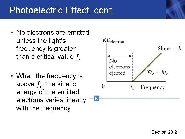 Photoelectric Effect, cont. • No electrons are emitted unless the light’s frequency is greater