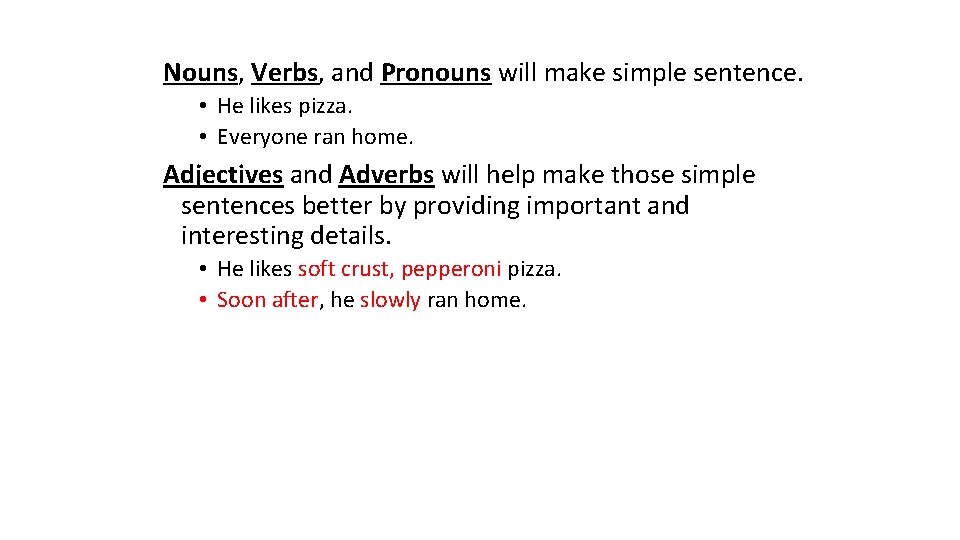 Nouns, Verbs, and Pronouns will make simple sentence. • He likes pizza. • Everyone Nouns, Verbs, and Pronouns will make simple sentence. • He likes pizza. • Everyone
