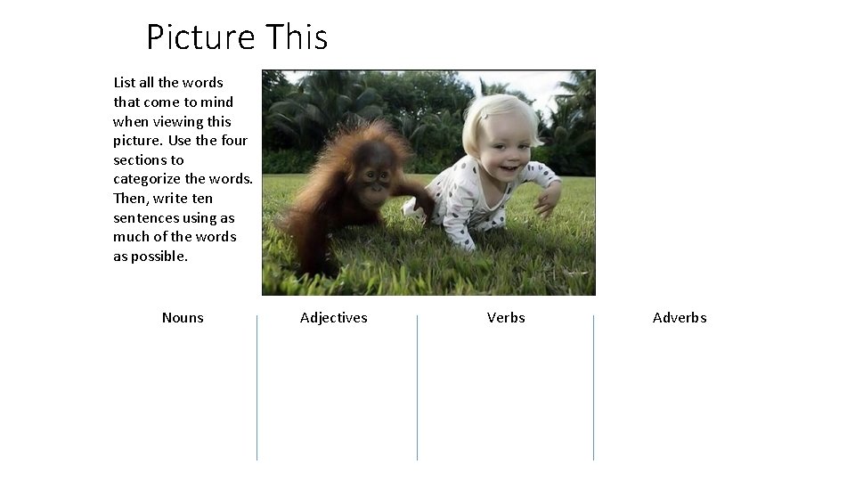 Picture This List all the words that come to mind when viewing this picture. Picture This List all the words that come to mind when viewing this picture.