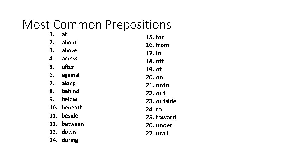 Most Common Prepositions 1. 2. 3. 4. 5. 6. 7. 8. 9. 10. 11. Most Common Prepositions 1. 2. 3. 4. 5. 6. 7. 8. 9. 10. 11.