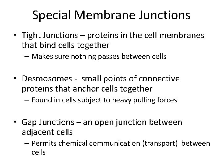 Special Membrane Junctions • Tight Junctions – proteins in the cell membranes that bind