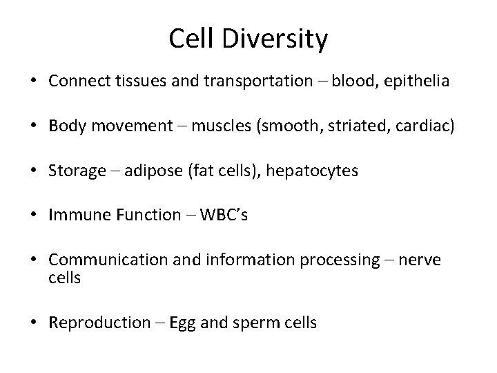 Cell Diversity • Connect tissues and transportation – blood, epithelia • Body movement –