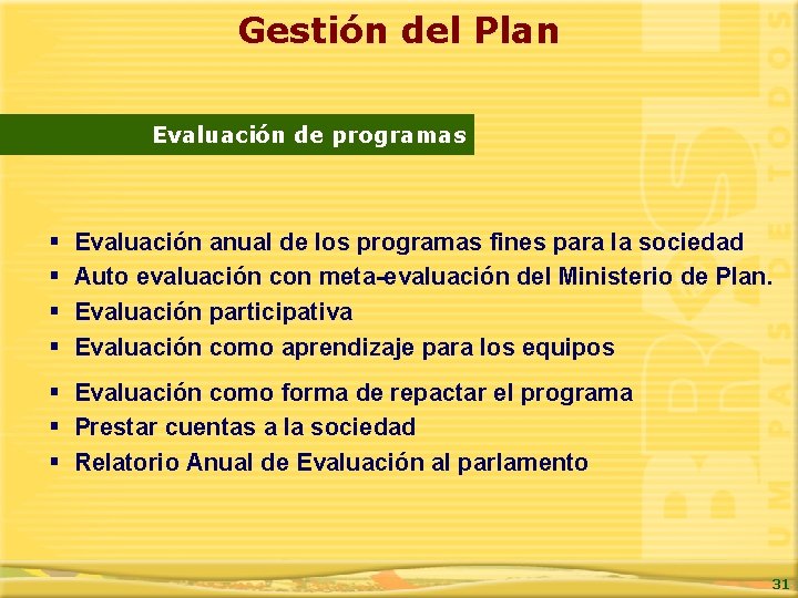 Gestión del Plan Evaluación de programas § § Evaluación anual de los programas fines