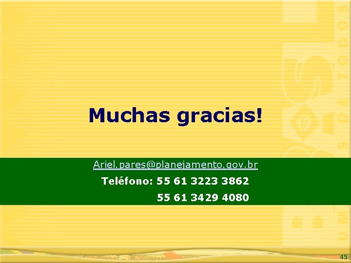 Muchas gracias! Ariel. pares@planejamento. gov. br Teléfono: 55 61 3223 3862 55 61 3429