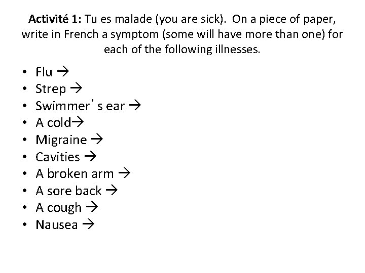 Activité 1: Tu es malade (you are sick). On a piece of paper, write