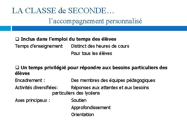 LA CLASSE de SECONDE… l’accompagnement personnalisé Inclus dans l’emploi du temps des élèves Temps